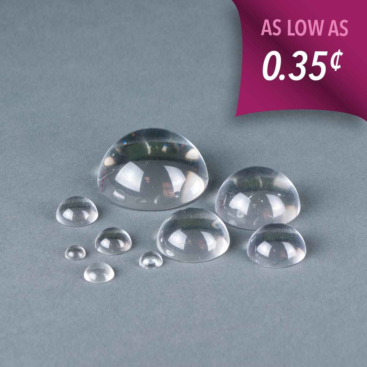 Clear acrylic cabochon half-spheres available in various diameters