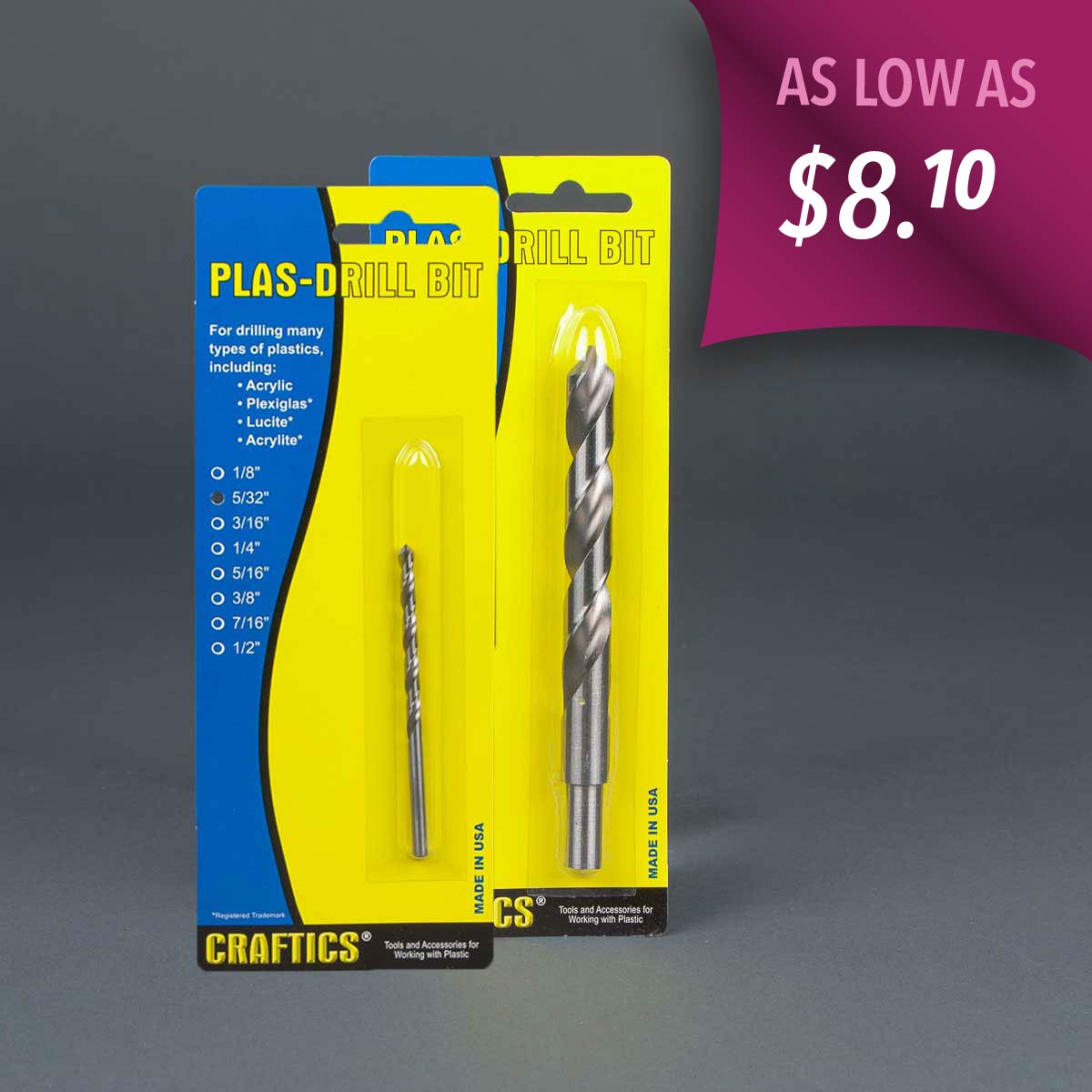Craftics Plas-drill bits for acrylic and other plastics.