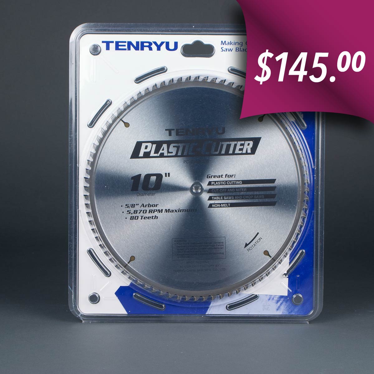 Tenryu plastic cutter saw blade – 10″ dia. X 80 tooth X 5/8″ arbor